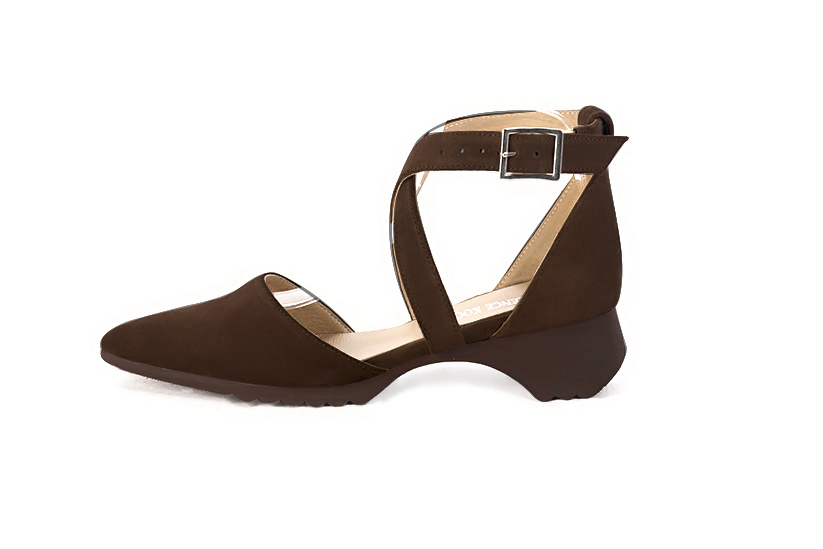 Dark brown women's open side shoes, with crossed straps.. Profile view - Florence KOOIJMAN